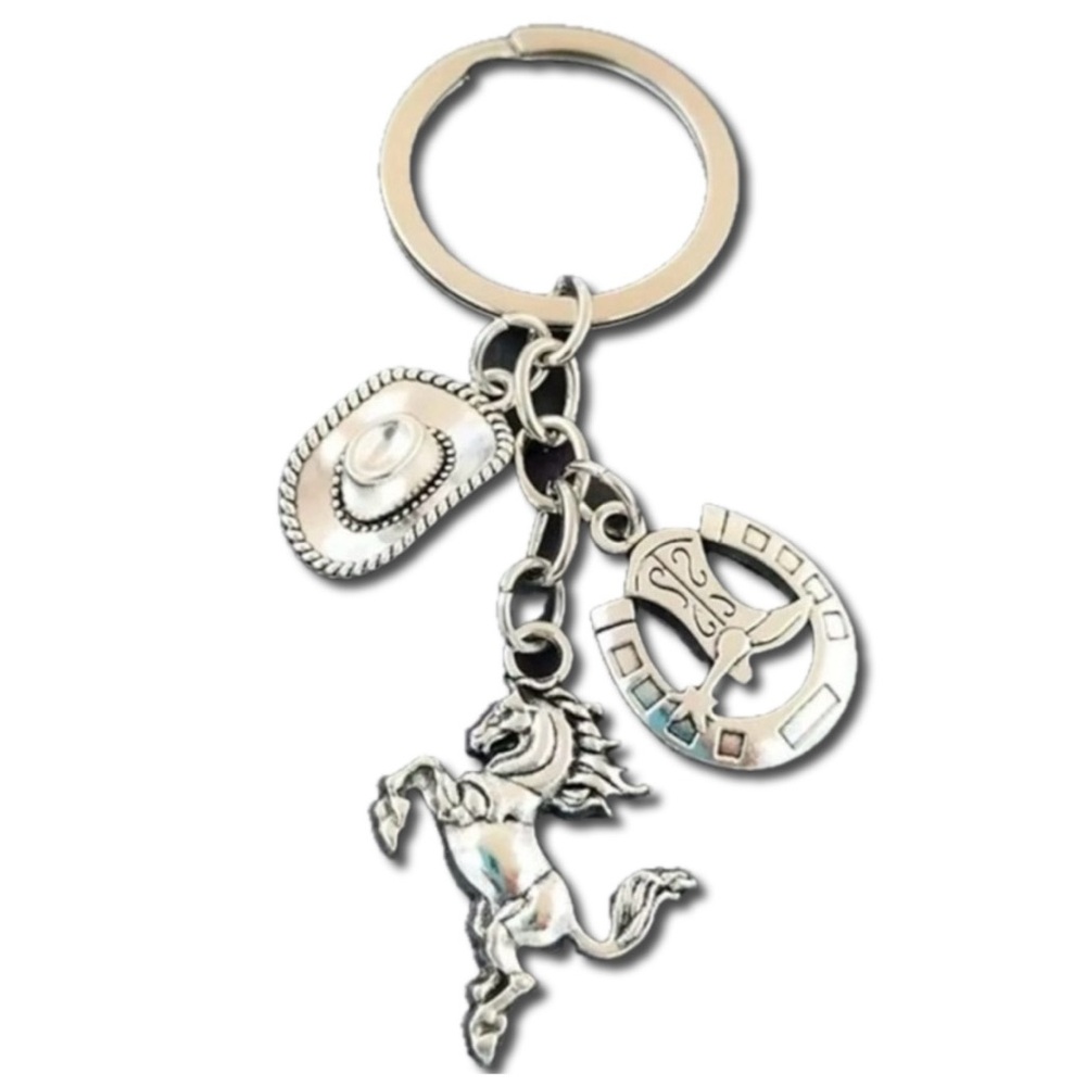 Silver Metal Western Style Cowboy Hat Horse & Boot Bag Charm Keychain Fun Gift!🐴